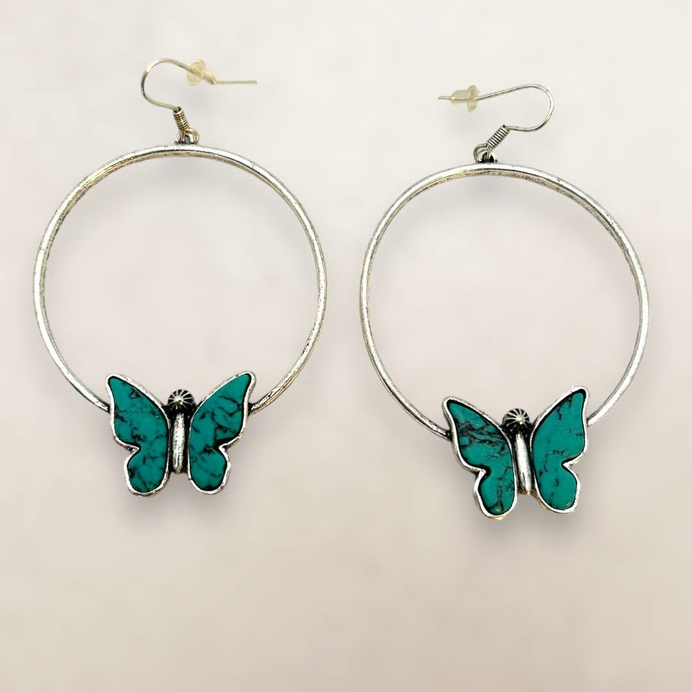 Turquoise Inspired Butterfly Hoop Fishhook Silvertone Earrings Southwest Boho